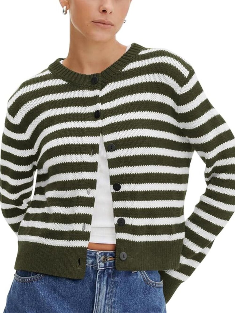 Green and white striped sweater